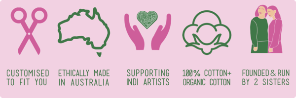 Different symbols with the unique points about the Good Garment - Customised to Fit You, Ethically Made in Australia, Supporting Indi Artists, 100% Cotton and organic cotton, founded and run by 2 sisters